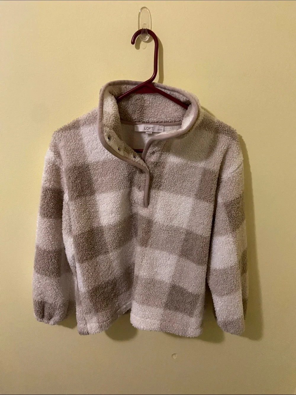 LOFT Taupe and Cream Plaid Sherpa Snap Pullover - Picture 1 of 4